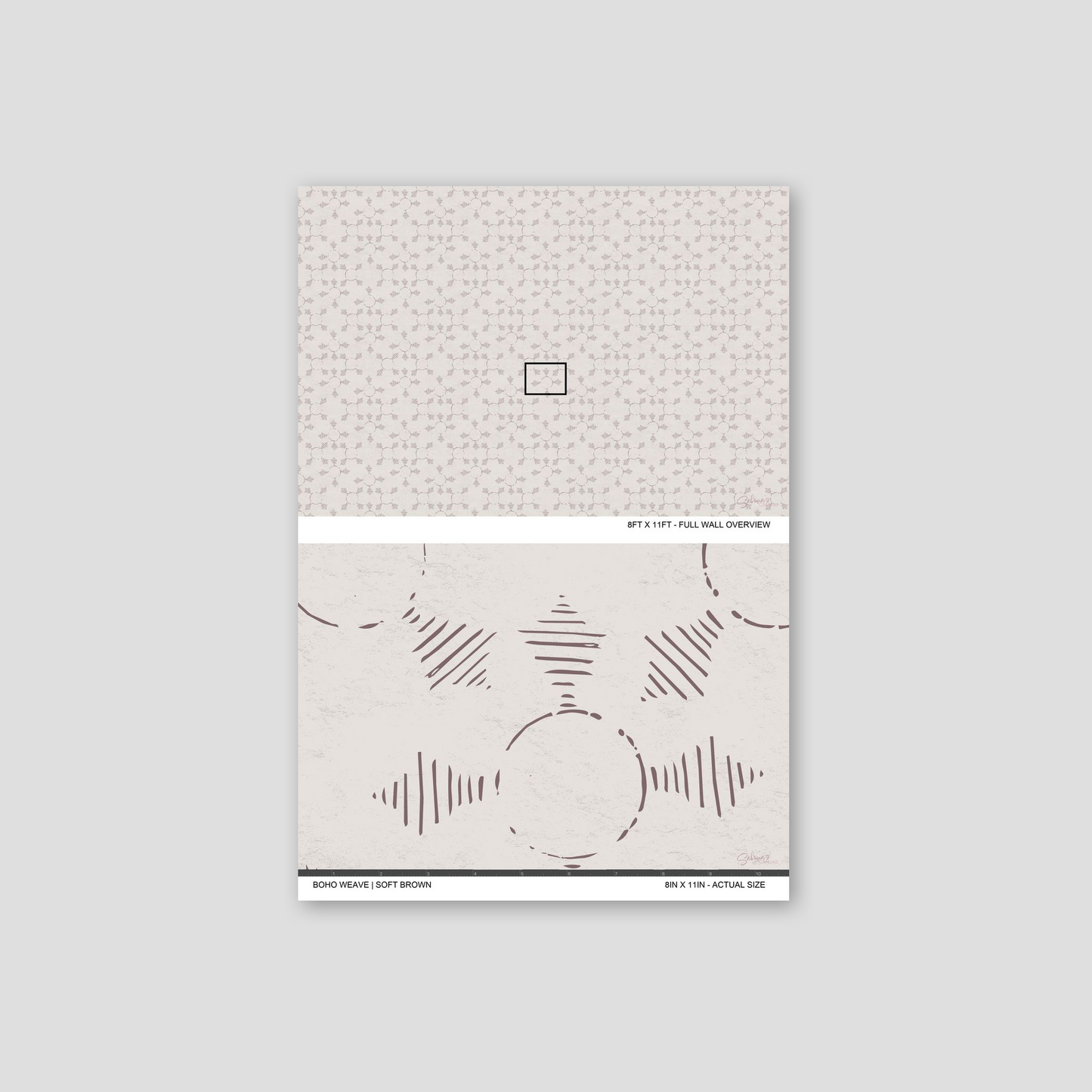 Boho Weave Soft Brown wallpaper sample showing full wall scale and an actual-size view of the geometric design.