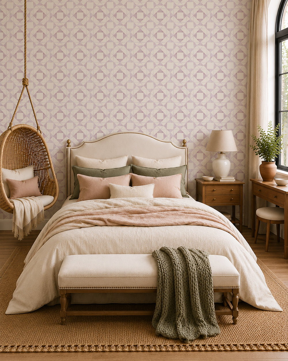 Classic Quilt Blush wallpaper in a warm bedroom with cream bedding, wood furniture and soft sage accents.