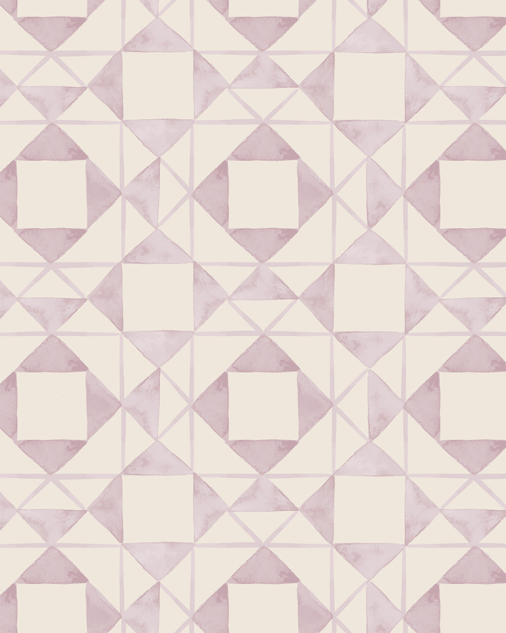 Classic Quilt Blush wallpaper with hand-drawn geometric patchwork shapes in soft blush and cream.