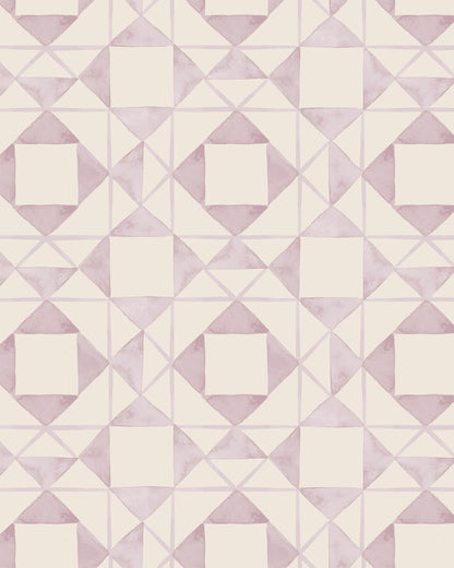 Classic Quilt Blush wallpaper with hand-drawn geometric patchwork shapes in soft blush and cream.