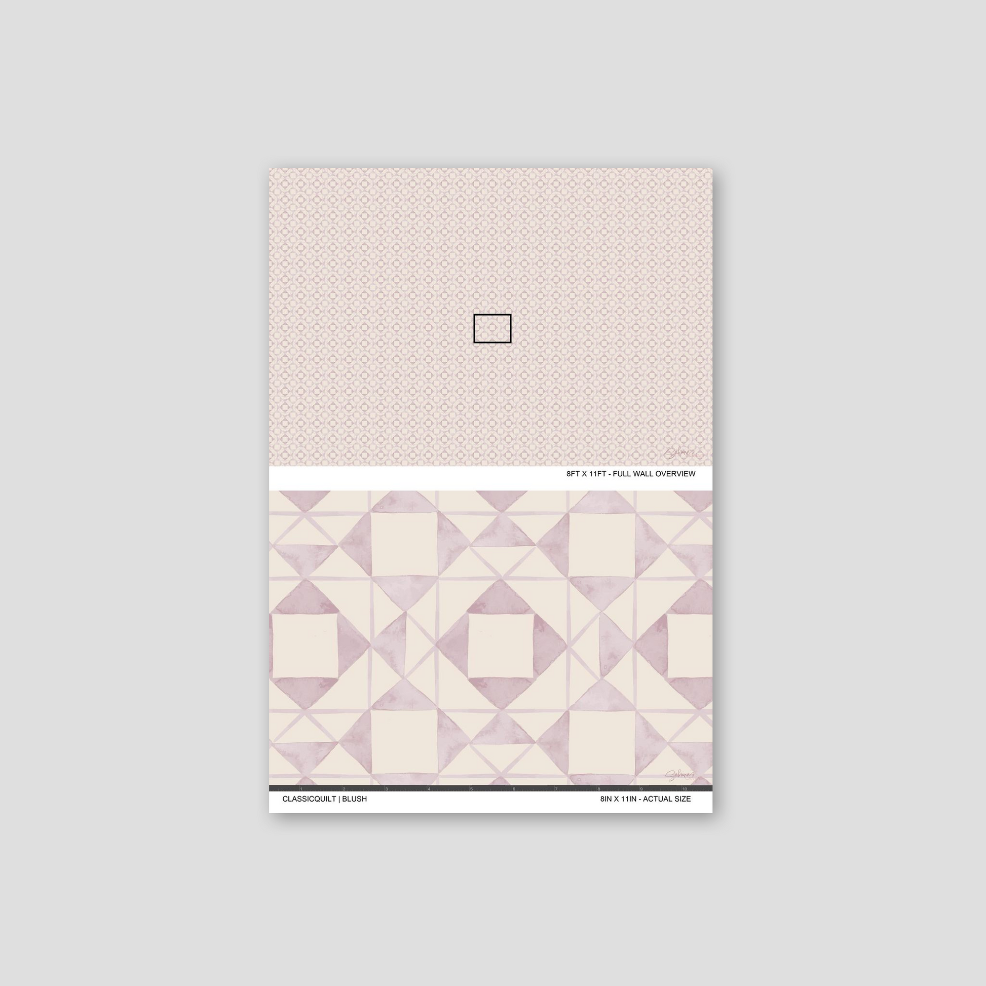 Classic Quilt Blush wallpaper sample showing full wall scale and an actual-size view of the geometric design.