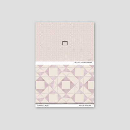 Classic Quilt Blush wallpaper sample showing full wall scale and an actual-size view of the geometric design.