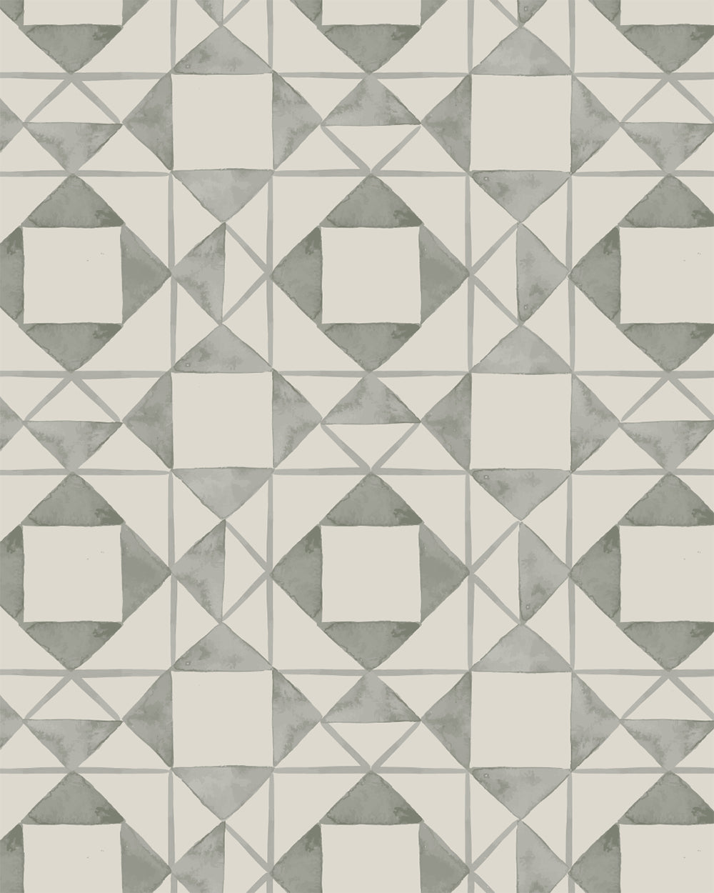 Classic Quilt Deep Sage wallpaper with hand-drawn geometric patchwork shapes in muted sage and cream.