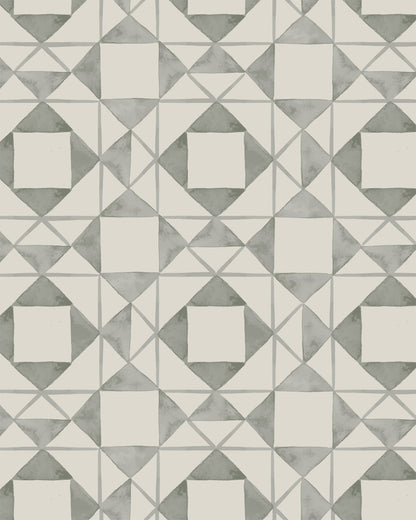 Classic Quilt Deep Sage wallpaper with hand-drawn geometric patchwork shapes in muted sage and cream.