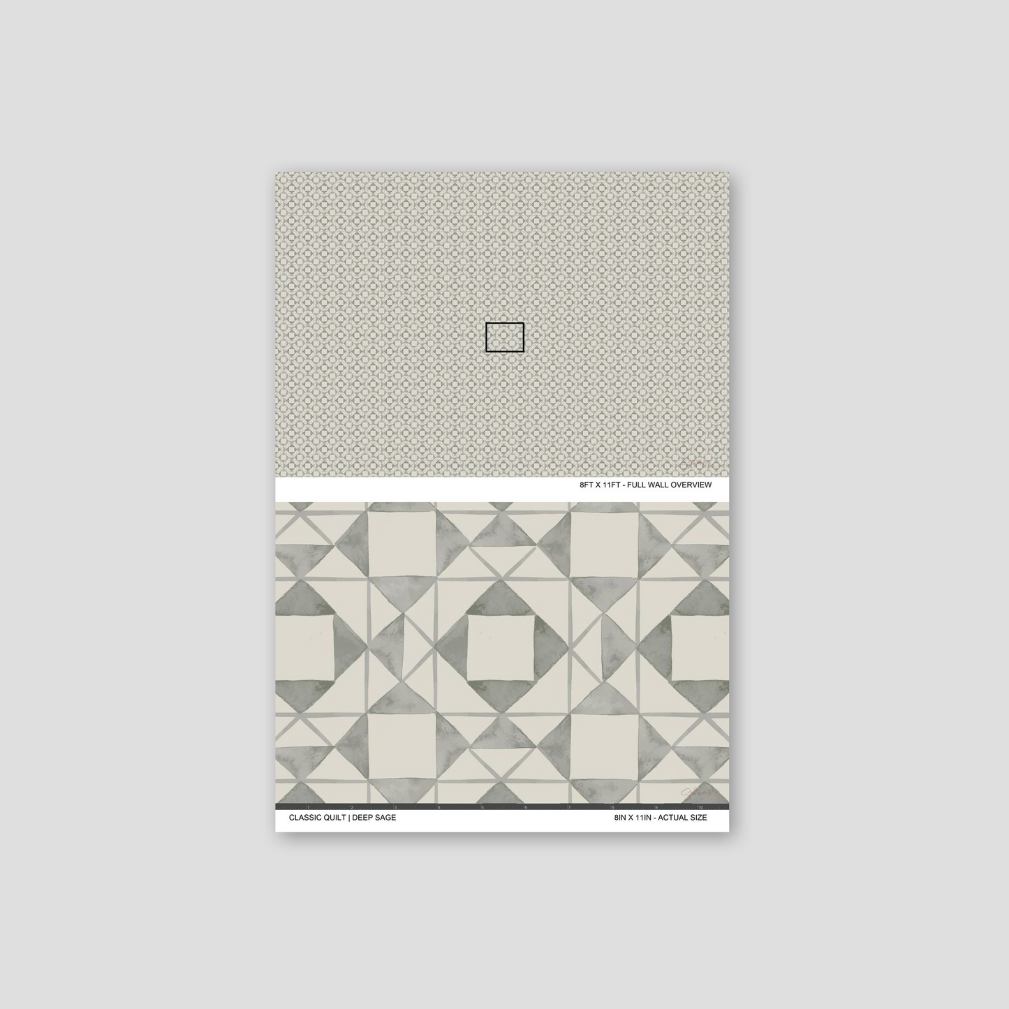 Classic Quilt Deep Sage wallpaper sample showing full wall scale and an actual-size view of the geometric design.