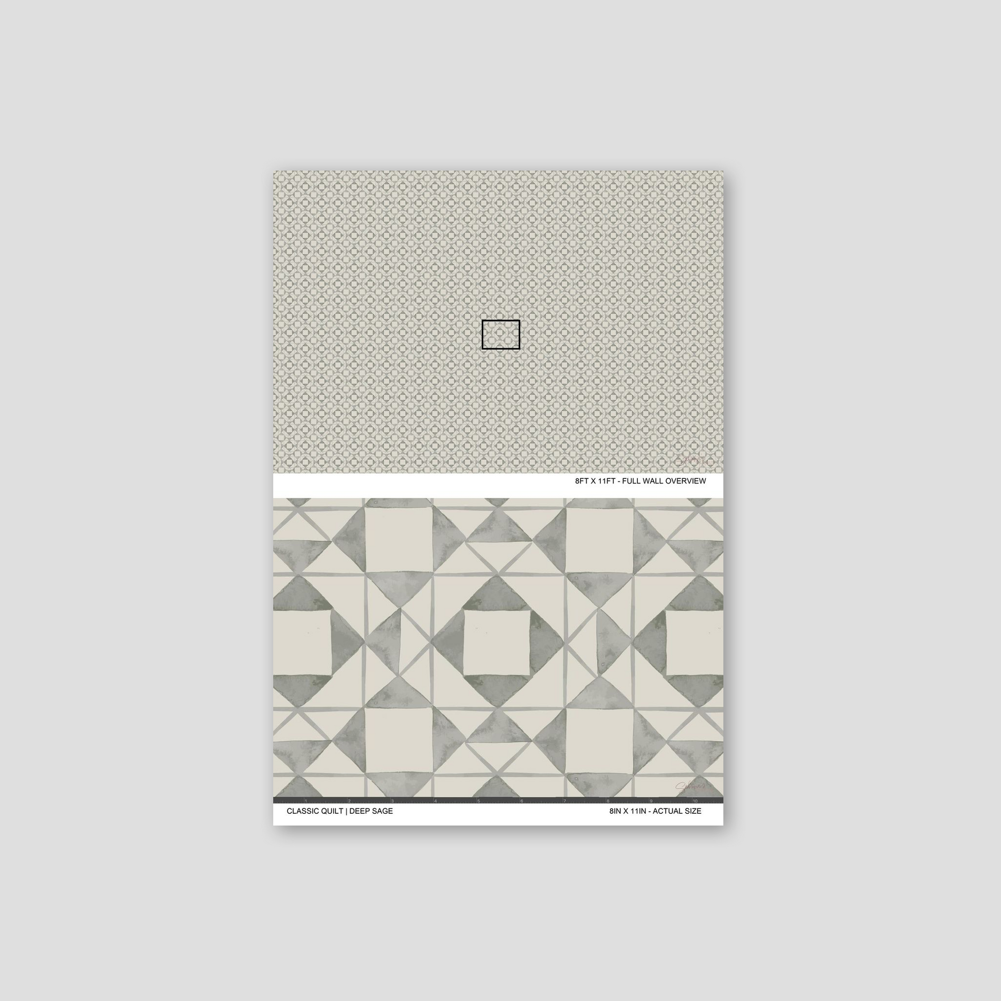 Classic Quilt Deep Sage wallpaper sample showing full wall scale and an actual-size view of the geometric design.