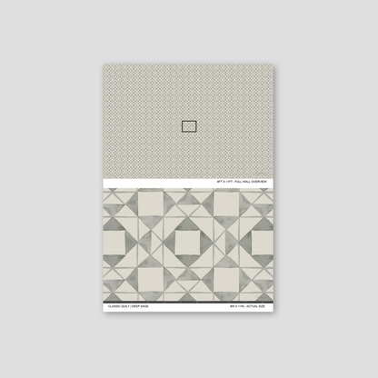 Classic Quilt Deep Sage wallpaper sample showing full wall scale and an actual-size view of the geometric design.