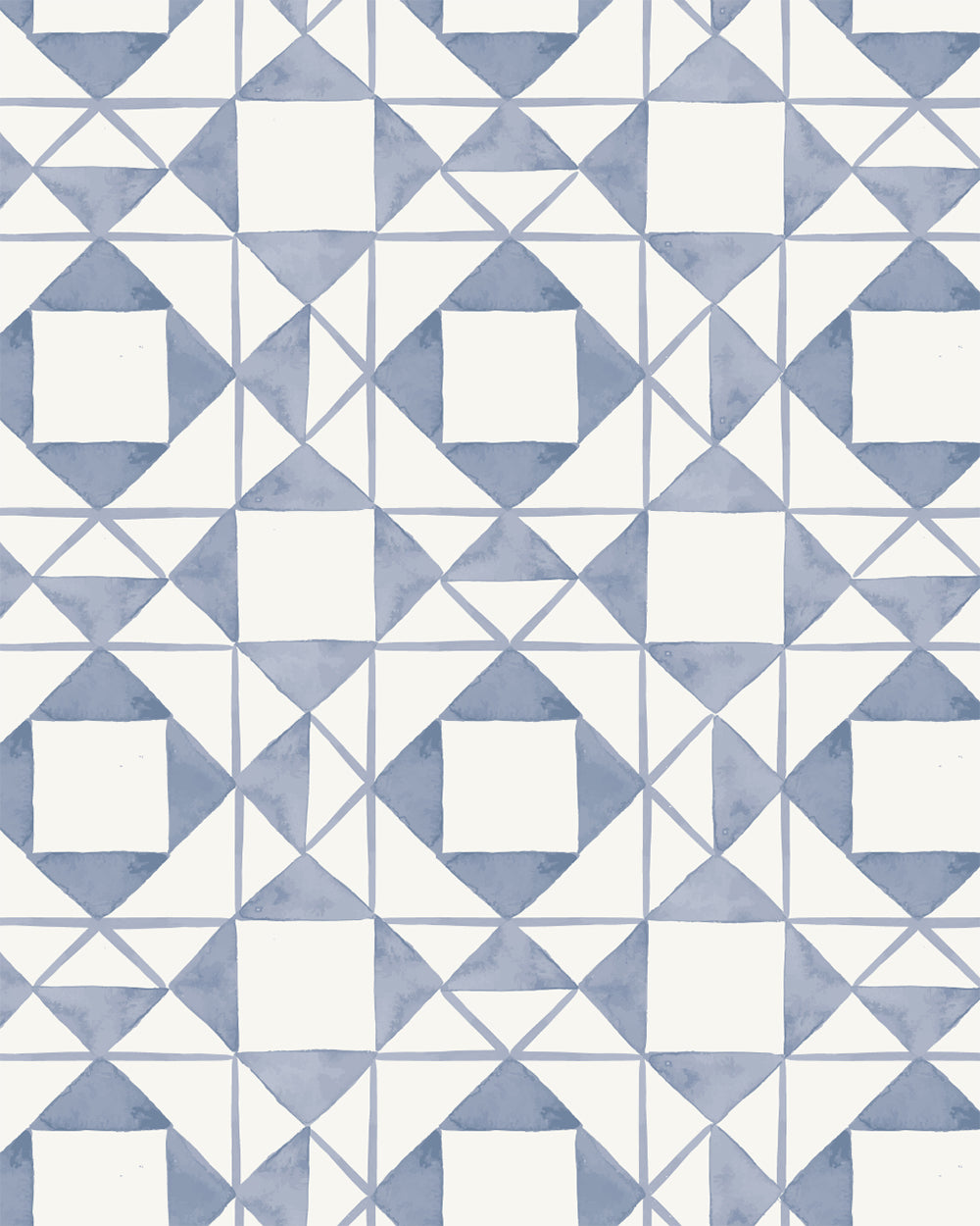 Classic Quilt Dusty Blue wallpaper with hand-drawn geometric patchwork shapes in soft blue and cream.