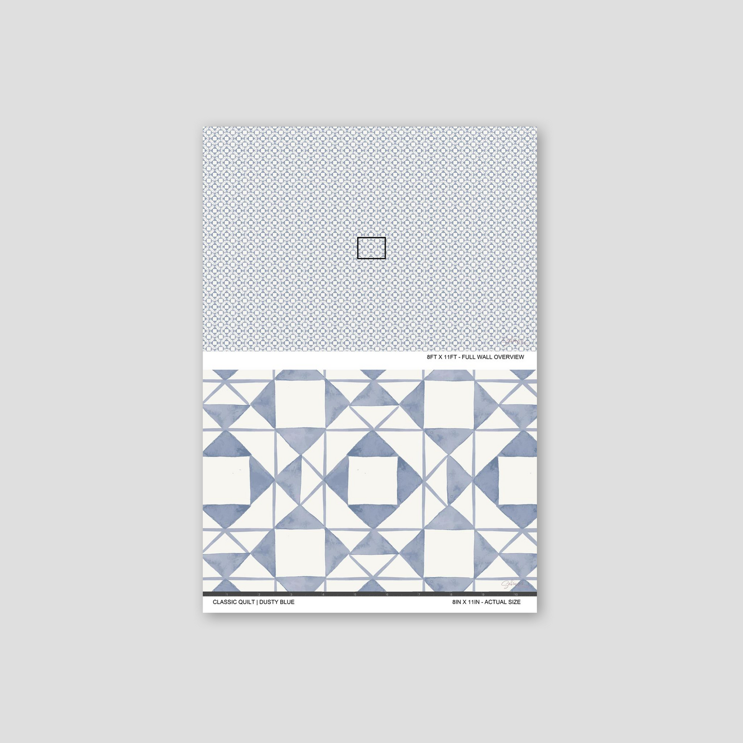 Classic Quilt Dusty Blue wallpaper sample showing full wall scale and an actual-size view of the geometric design.