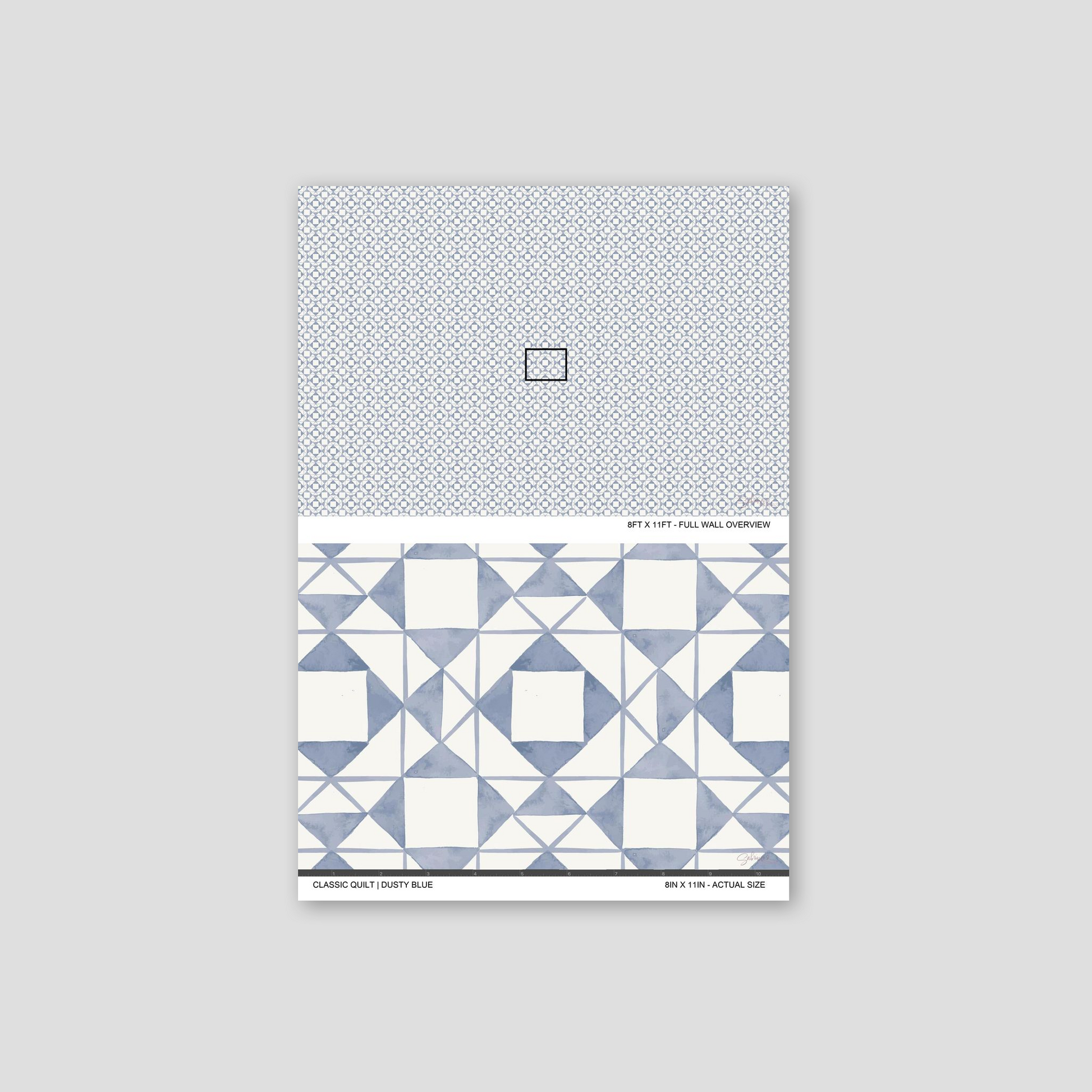 Classic Quilt Dusty Blue wallpaper sample showing full wall scale and an actual-size view of the geometric design.