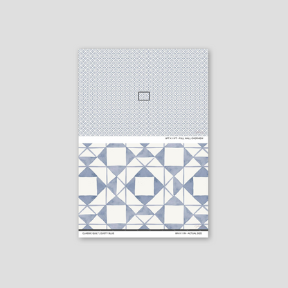 Classic Quilt Dusty Blue wallpaper sample showing full wall scale and an actual-size view of the geometric design.