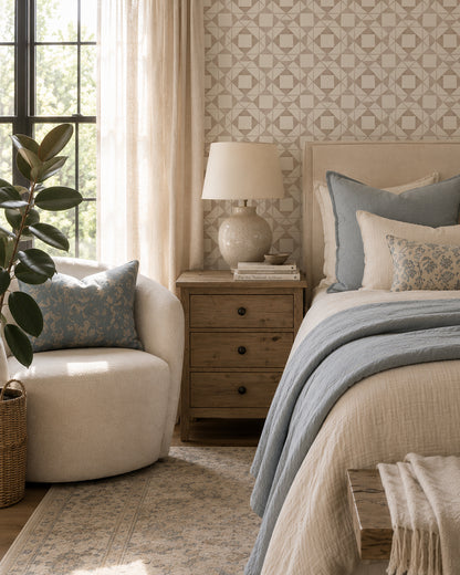 Classic Quilt Linen wallpaper in a cozy bedroom with wood furniture, cream bedding and soft blue accents.