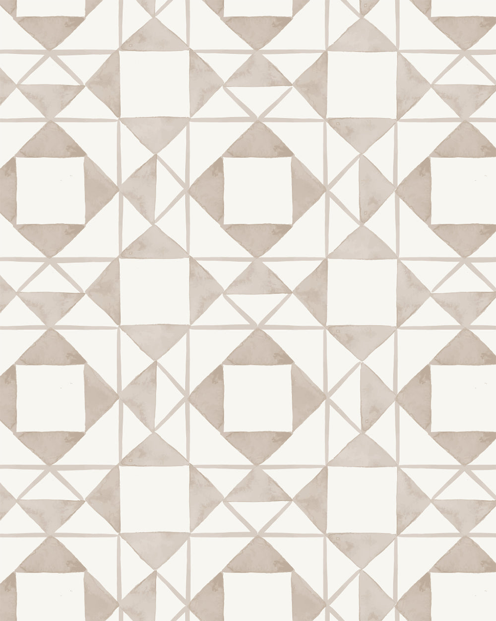 Classic Quilt Linen wallpaper with hand-drawn geometric patchwork shapes in warm linen and cream.