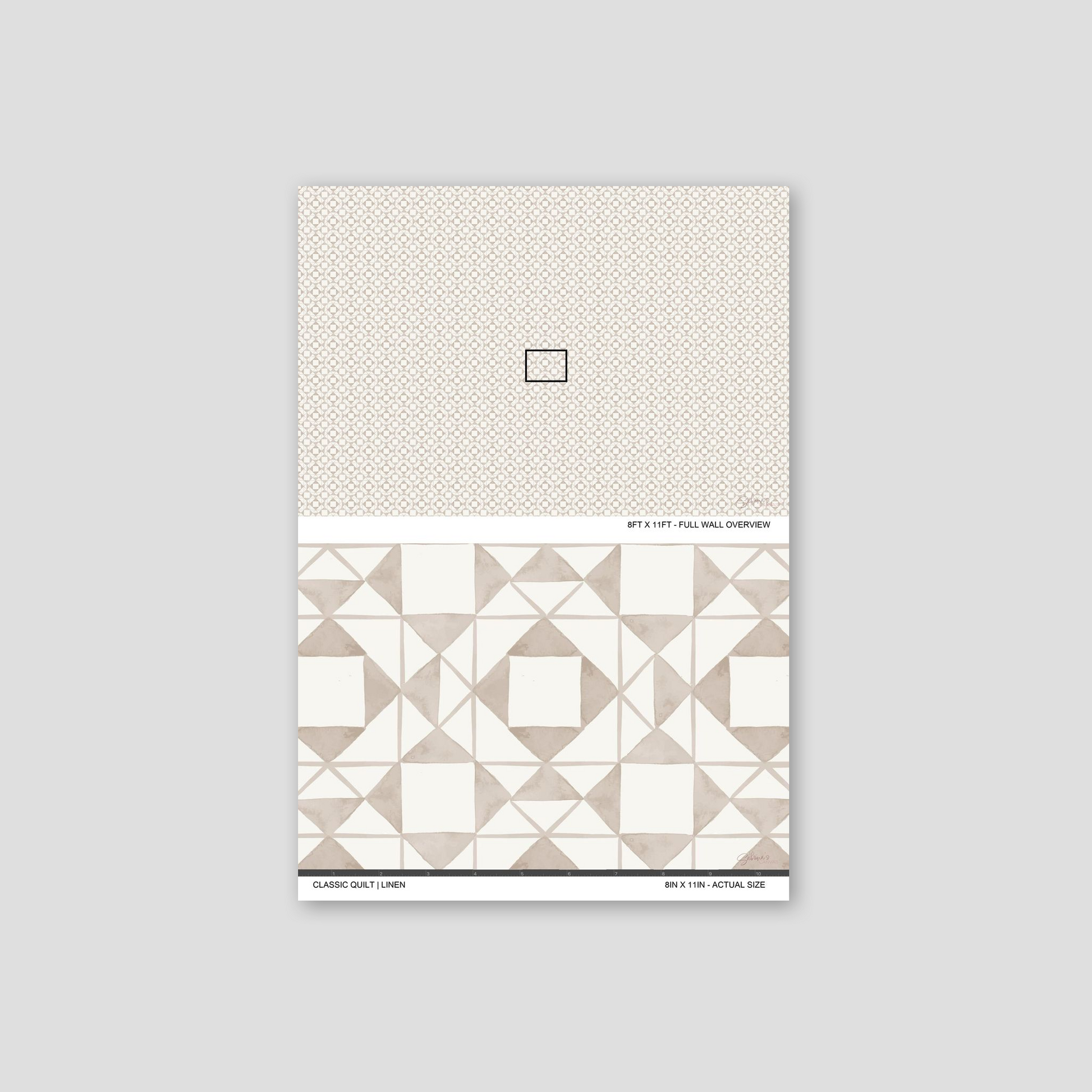 Classic Quilt Linen wallpaper sample showing full wall scale and an actual-size view of the geometric design.