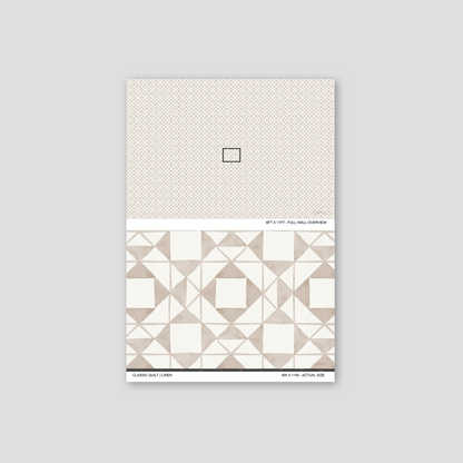 Classic Quilt Linen wallpaper sample showing full wall scale and an actual-size view of the geometric design.