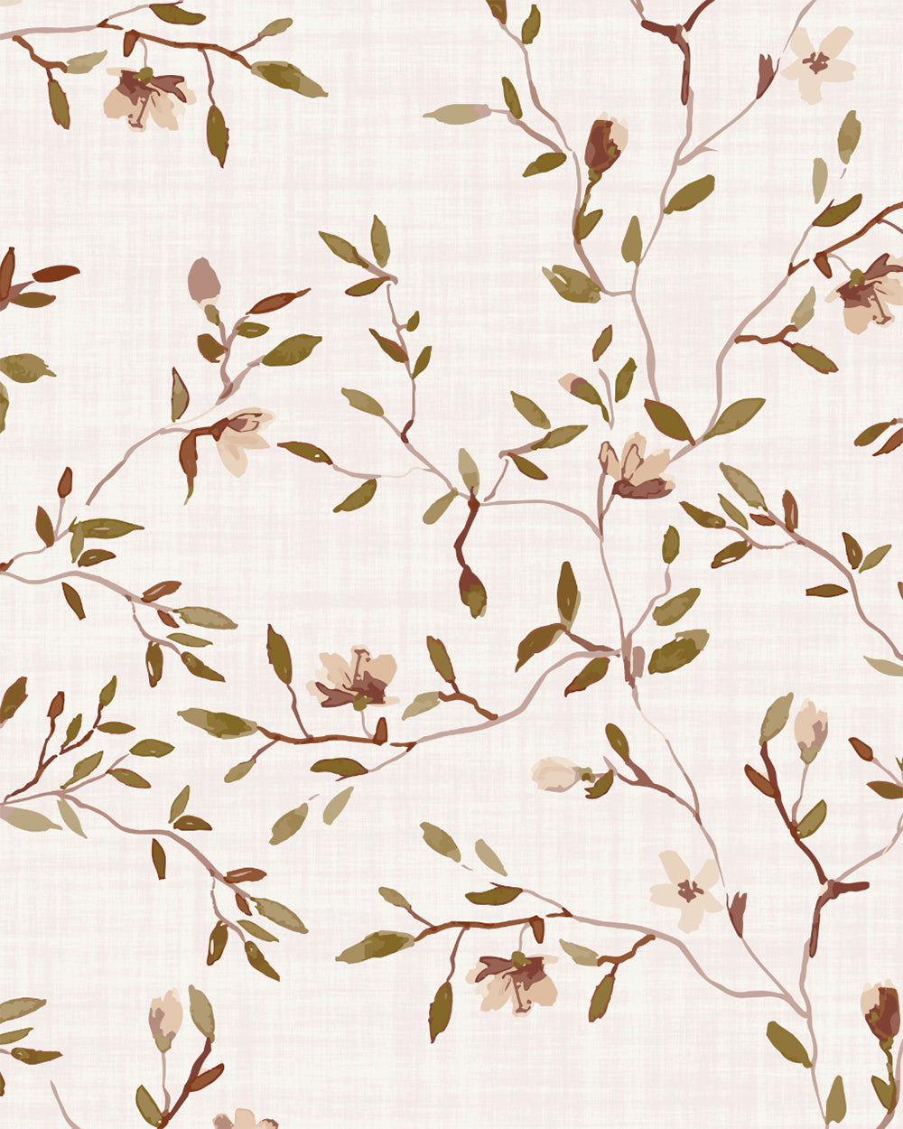 DelicateDreams wallpaper with winding olive and chestnut branches, delicate blossoms and soft botanical details.