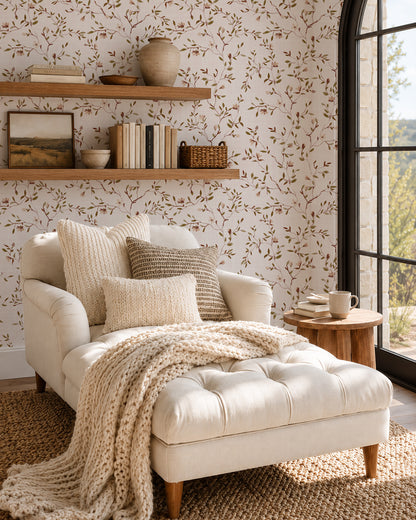 Delicate Dreams floral wallpaper with olive and chestnut branches in a reading nook with a cream chaise and wooden shelving.