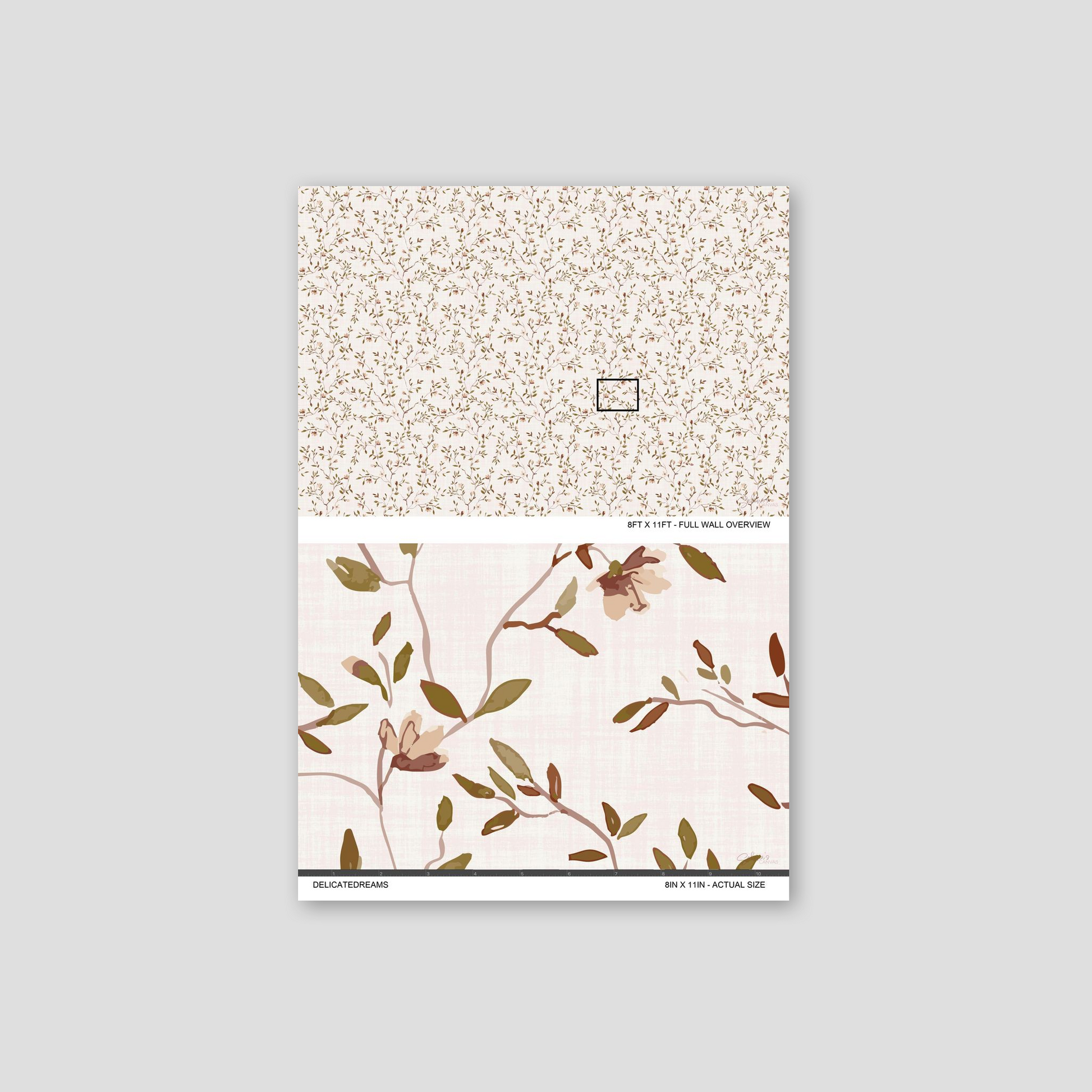 DelicateDreams wallpaper sample showing the full wall scale and an actual-size view of the olive and chestnut floral design.
