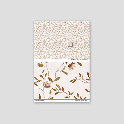 DelicateDreams wallpaper sample showing the full wall scale and an actual-size view of the olive and chestnut floral design.