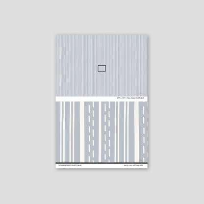 Ticking Stripe Dusty Blue wallpaper sample showing full wall scale and an actual-size view of the striped design.