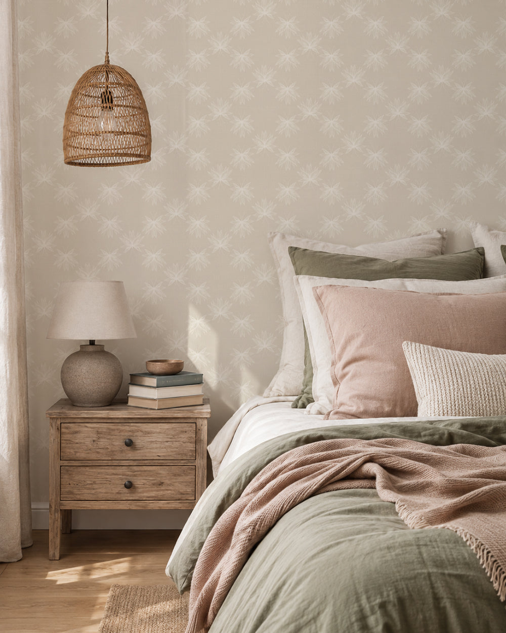 Flutter Cream wallpaper in a warm bedroom with wood furniture, cream bedding and soft sage and blush accents.