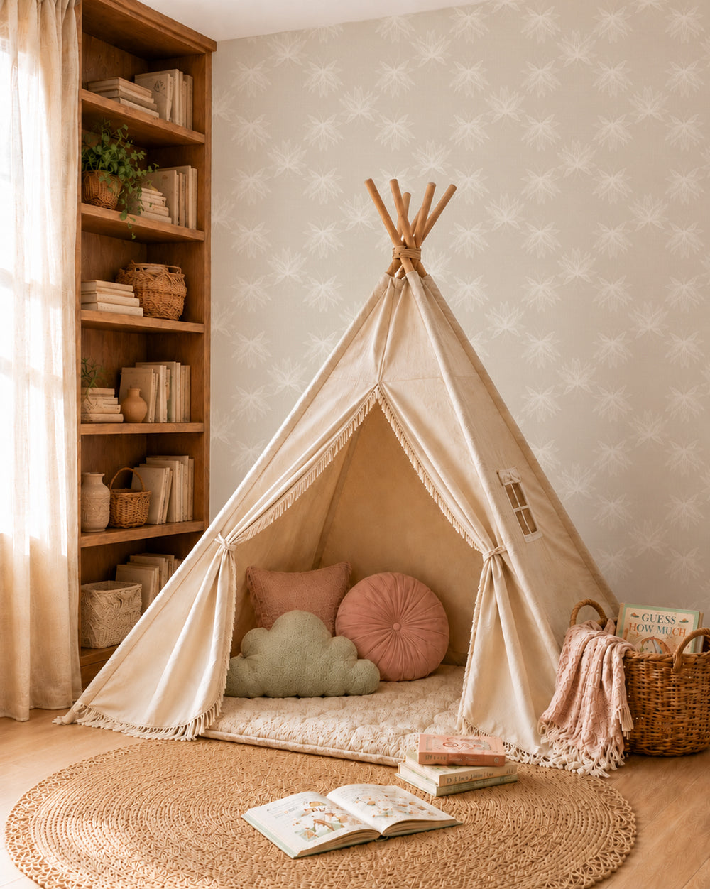 Flutter Cream wallpaper in a cozy play nook with a canvas teepee, built-in bookshelves and soft blush cushions.