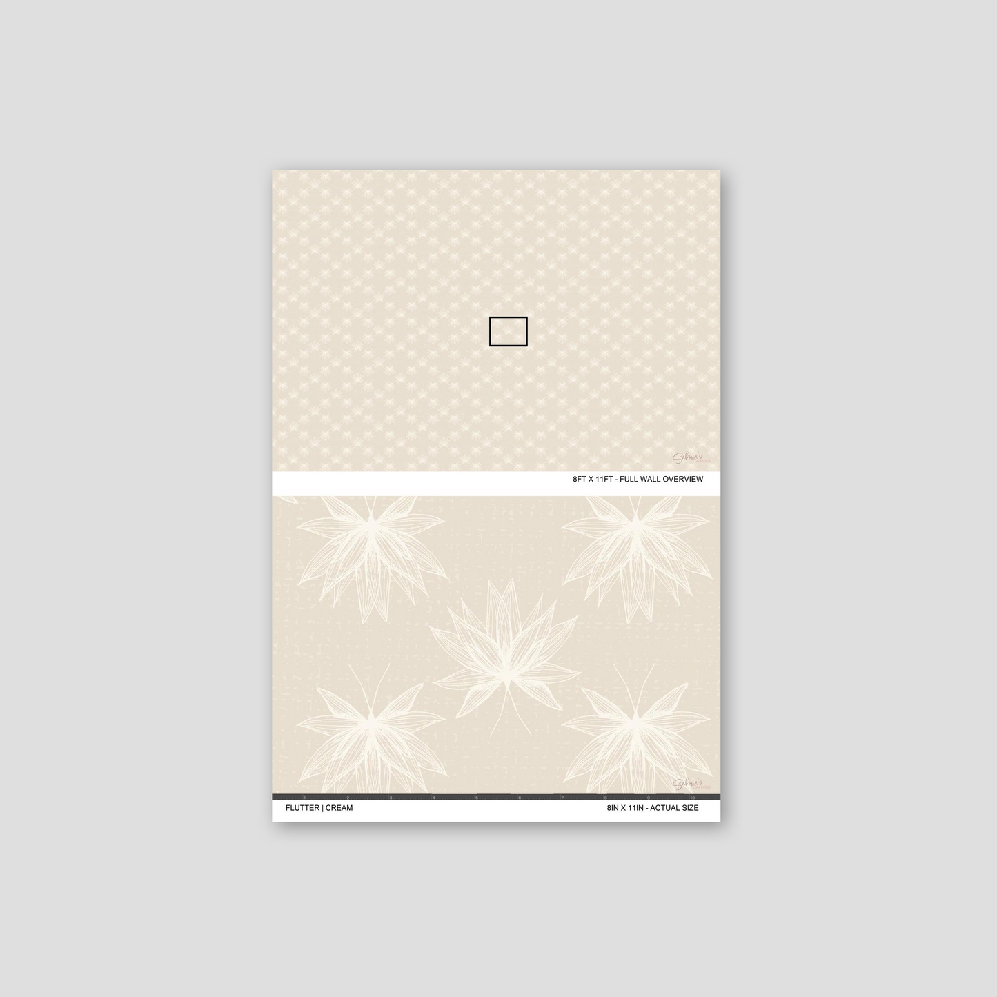 Flutter Cream wallpaper sample showing full wall scale and an actual-size view of the delicate lotus design.