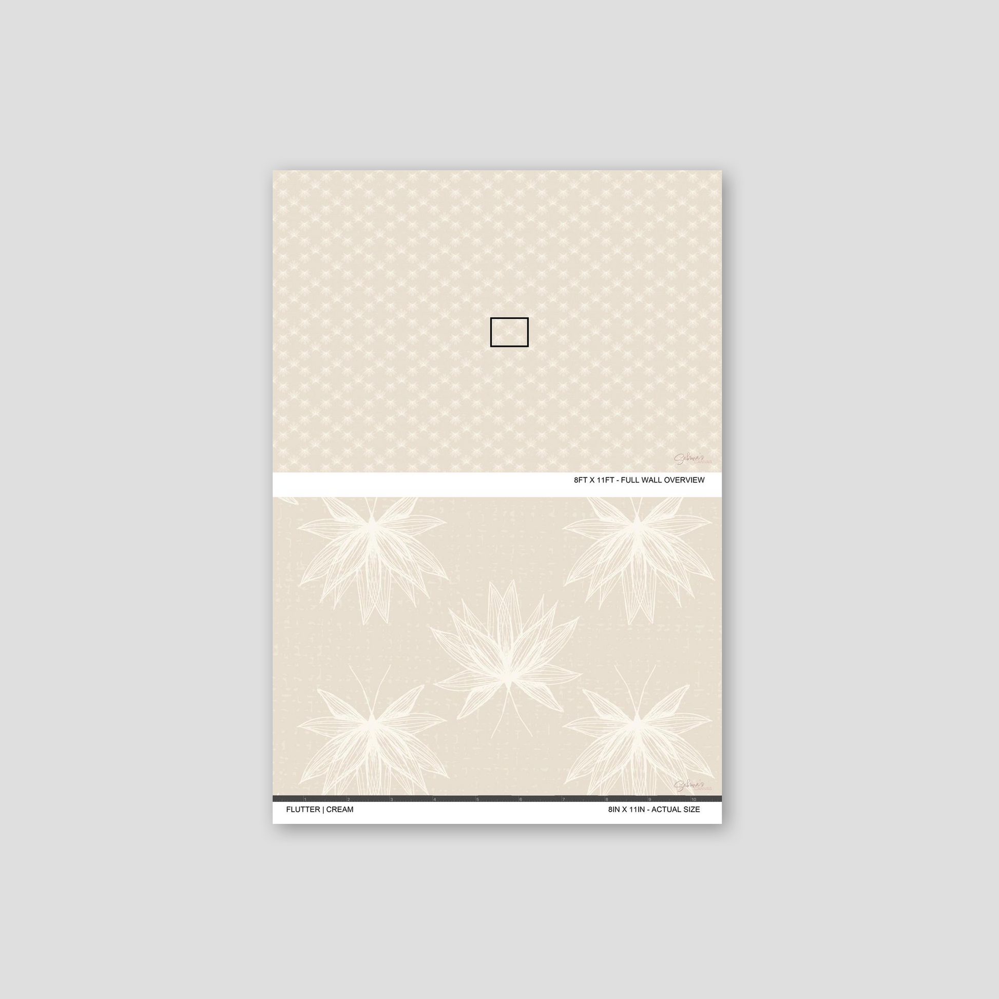 Flutter Cream wallpaper sample showing full wall scale and an actual-size view of the delicate lotus design.