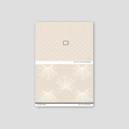 Flutter Cream wallpaper sample showing full wall scale and an actual-size view of the delicate lotus design.