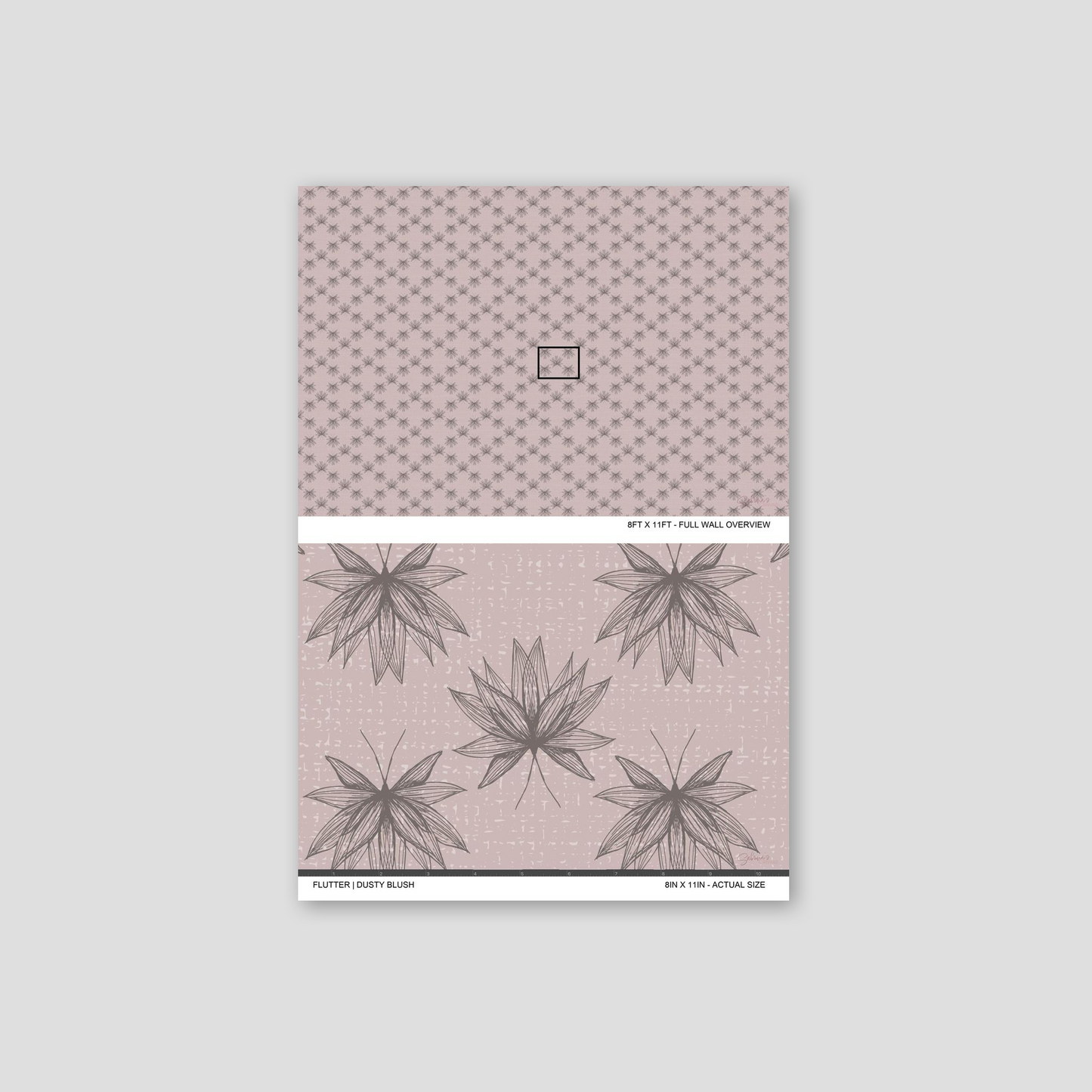 Flutter Dusty Blush wallpaper sample showing full wall scale and an actual-size view of the delicate lotus design.