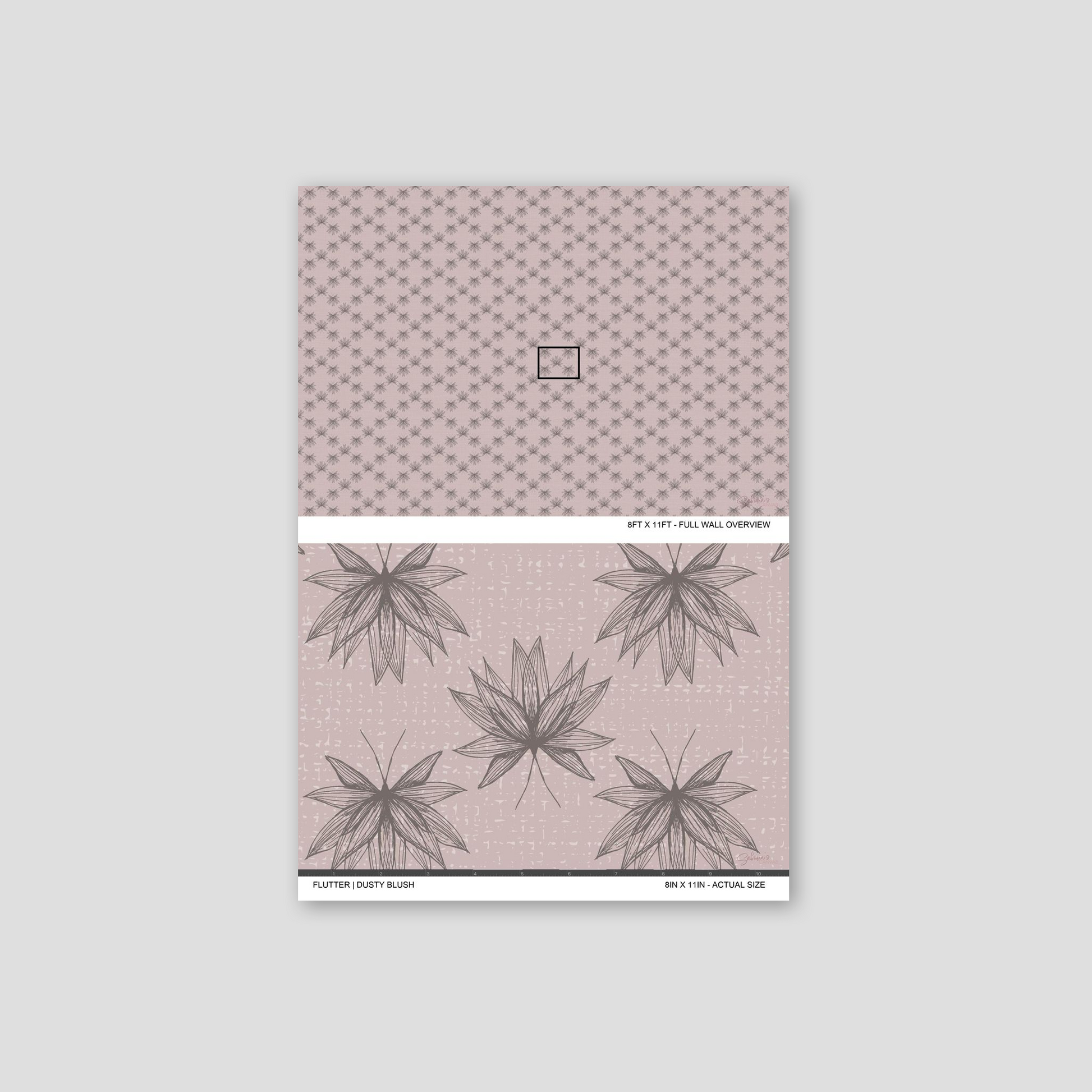 Flutter Dusty Blush wallpaper sample showing full wall scale and an actual-size view of the delicate lotus design.