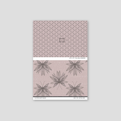 Flutter Dusty Blush wallpaper sample showing full wall scale and an actual-size view of the delicate lotus design.
