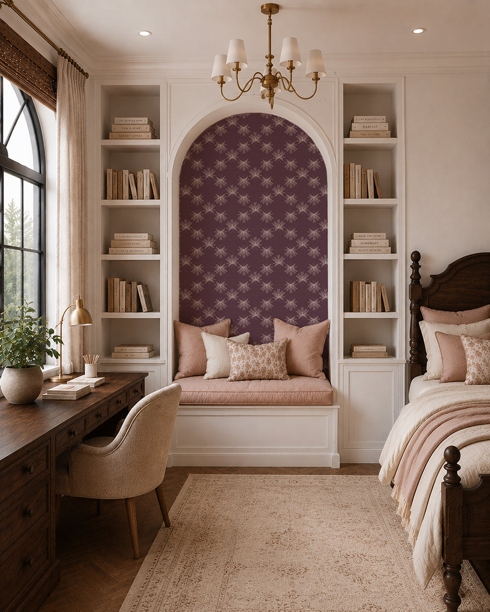 Flutter Plum wallpaper in an elegant bedroom nook with built-in shelves, warm wood furniture and soft blush accents.