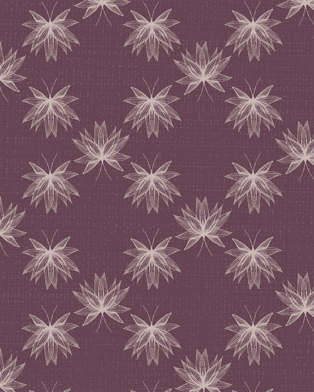 Flutter Plum wallpaper with hand-drawn lotus flowers in soft blush tones on a rich plum background.
