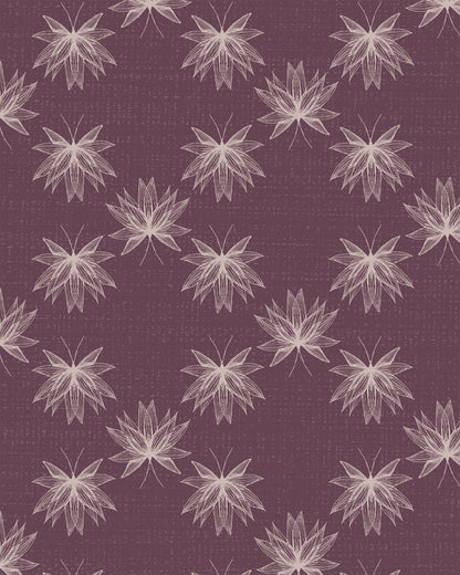 Flutter Plum wallpaper with hand-drawn lotus flowers in soft blush tones on a rich plum background.