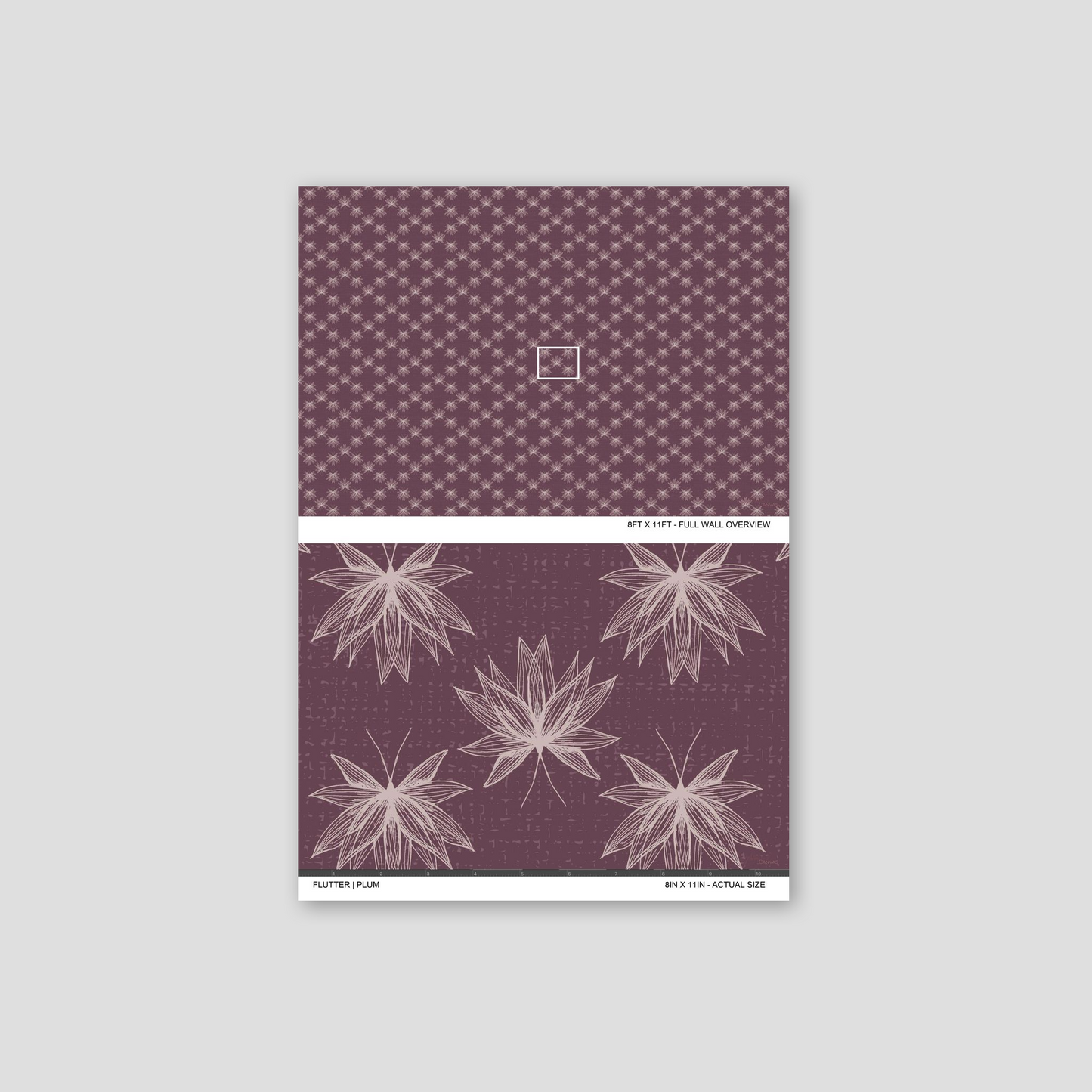 Flutter Plum wallpaper sample showing full wall scale and an actual-size view of the delicate lotus design.