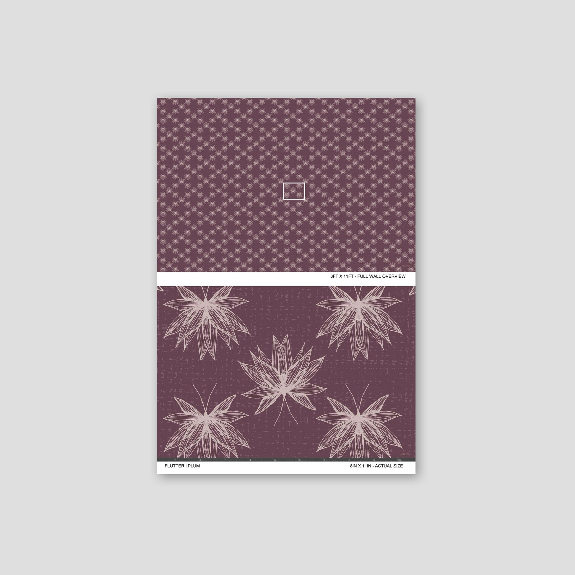 Flutter Plum wallpaper sample showing full wall scale and an actual-size view of the delicate lotus design.
