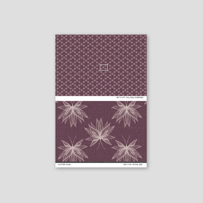 Flutter Plum wallpaper sample showing full wall scale and an actual-size view of the delicate lotus design.