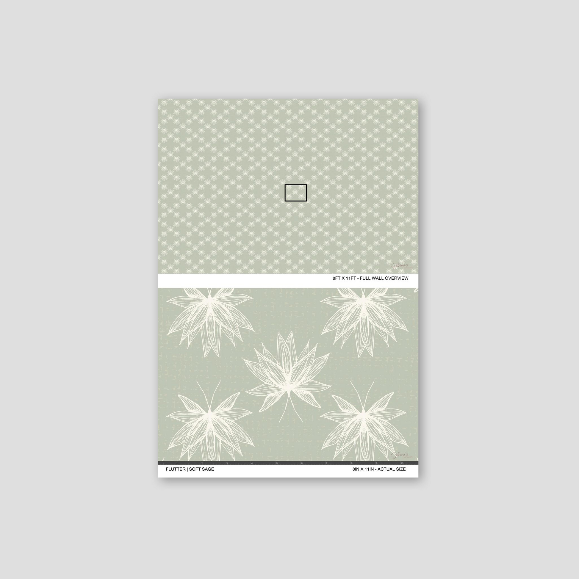 Flutter Soft Sage wallpaper sample showing full wall scale and an actual-size view of the delicate lotus design.