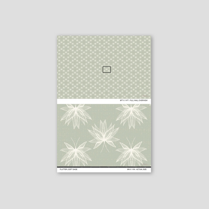 Flutter Soft Sage wallpaper sample showing full wall scale and an actual-size view of the delicate lotus design.