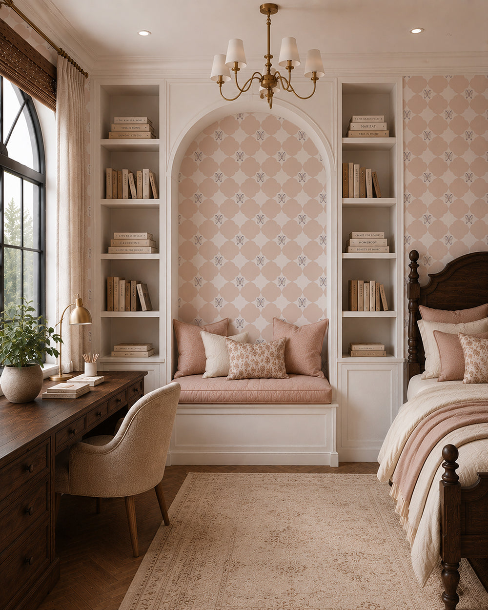 Keepsake Blush wallpaper in a cozy bedroom nook with built-in shelves, wood furniture and soft blush accents.