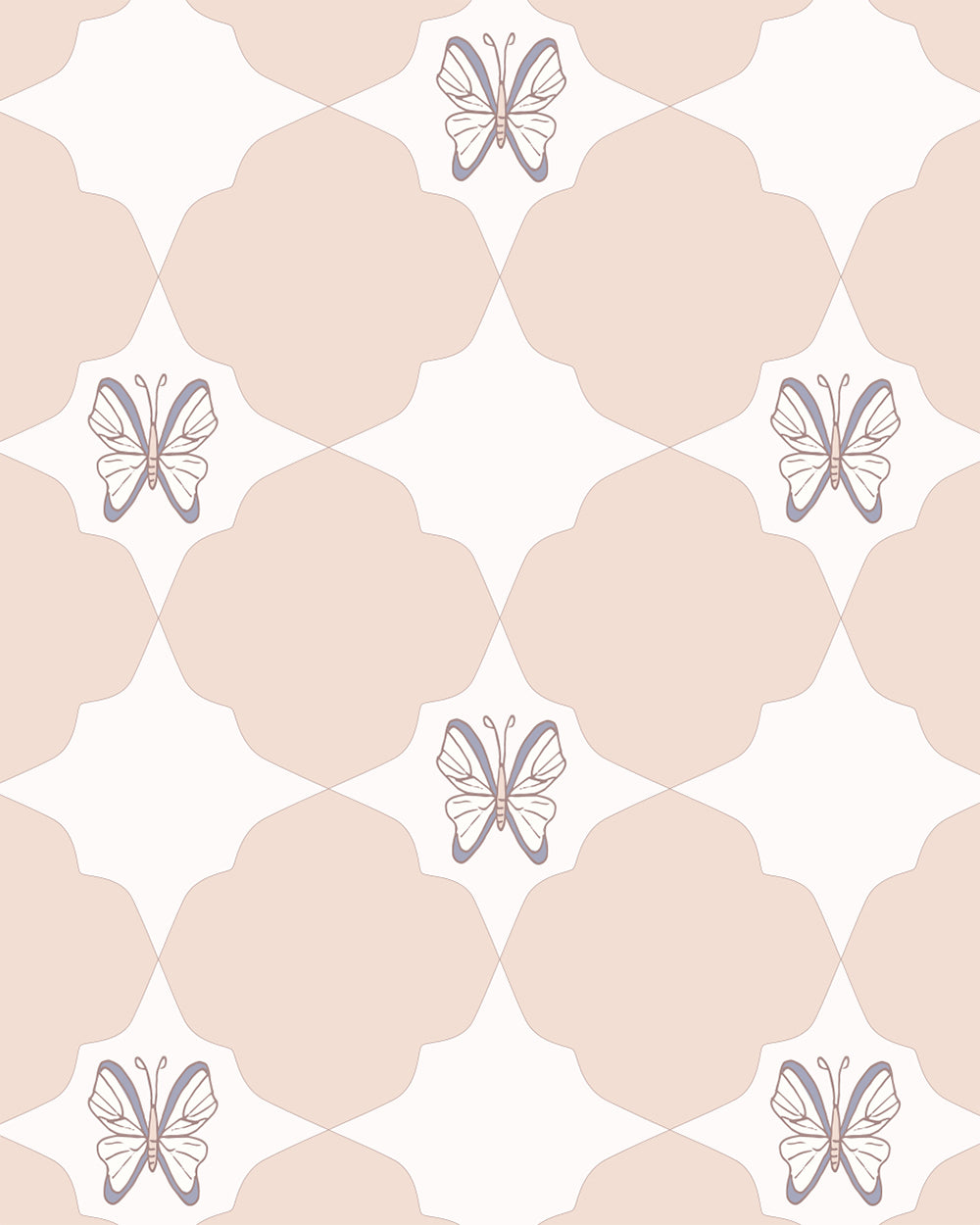 Keepsake Blush wallpaper with hand-drawn butterflies and soft geometric shapes in blush, cream and muted blue.