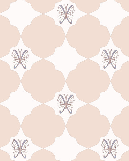 Keepsake Blush wallpaper with hand-drawn butterflies and soft geometric shapes in blush, cream and muted blue.
