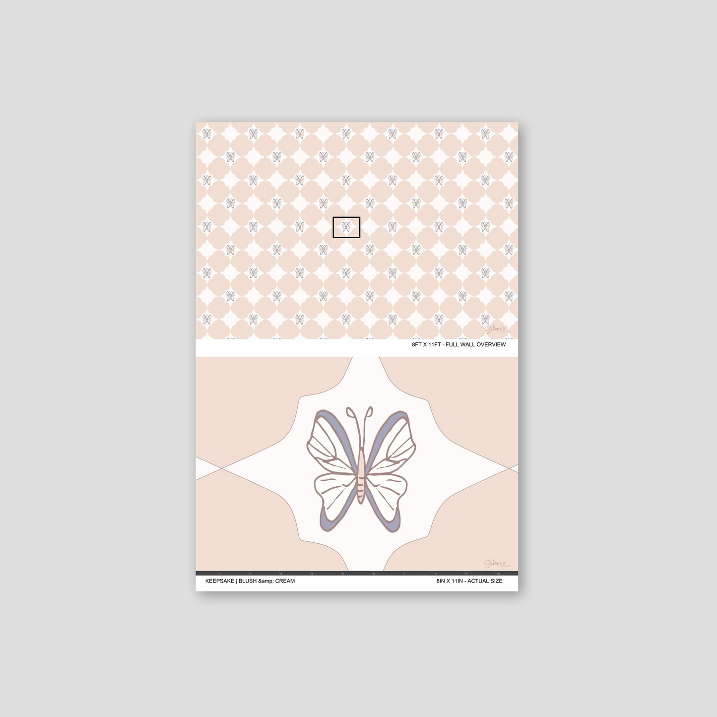 Keepsake Blush wallpaper sample showing full wall scale and an actual-size view of the butterfly design.