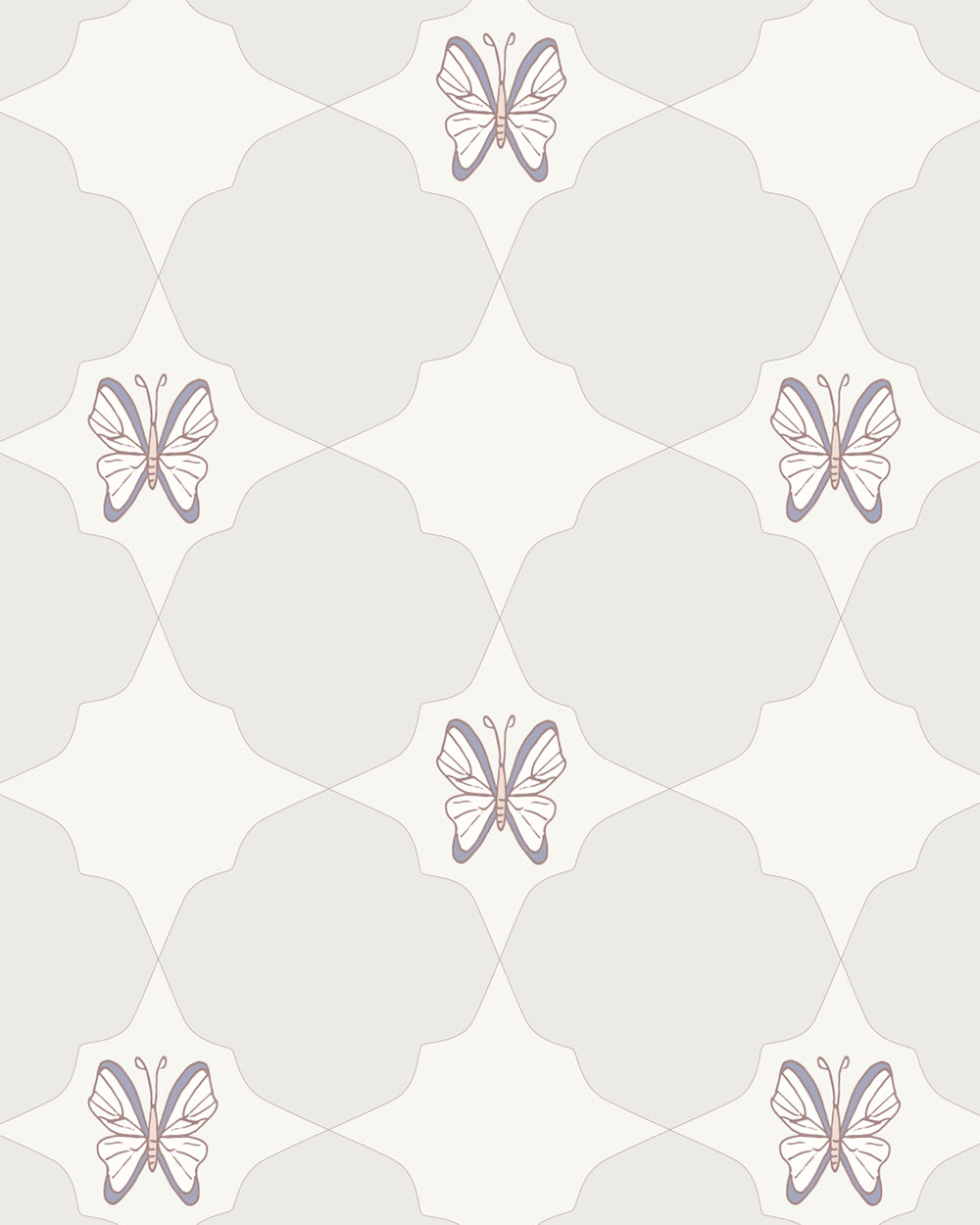 Keepsake Linen wallpaper with hand-drawn butterflies and soft geometric shapes in linen, cream and muted lavender.