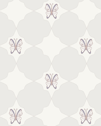 Keepsake Linen wallpaper with hand-drawn butterflies and soft geometric shapes in linen, cream and muted lavender.