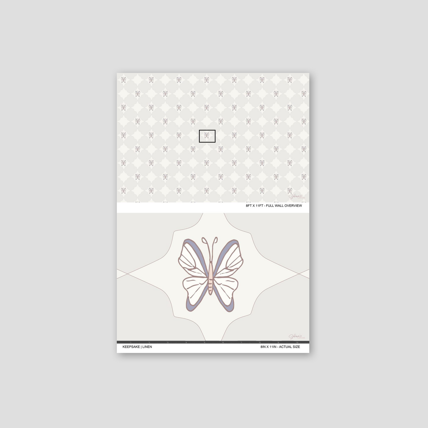 Keepsake Linen wallpaper sample showing full wall scale and an actual-size view of the butterfly design.