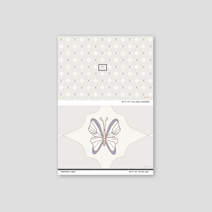 Keepsake Linen wallpaper sample showing full wall scale and an actual-size view of the butterfly design.