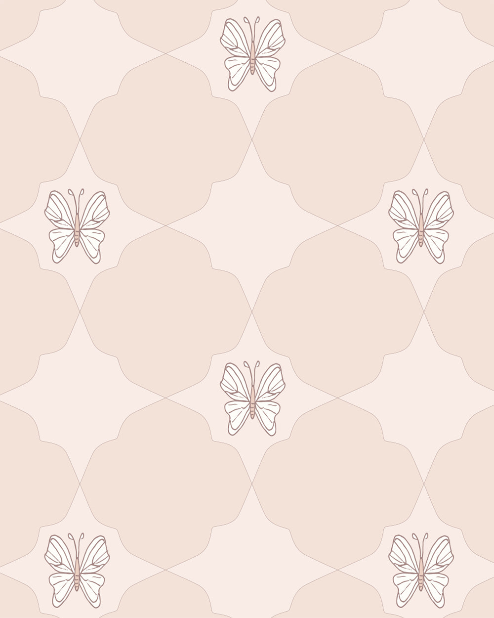 Keepsake Pale Blush wallpaper with hand-drawn butterflies and soft geometric shapes in blush and cream.
