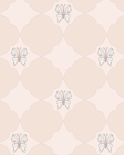 Keepsake Pale Blush wallpaper with hand-drawn butterflies and soft geometric shapes in blush and cream.